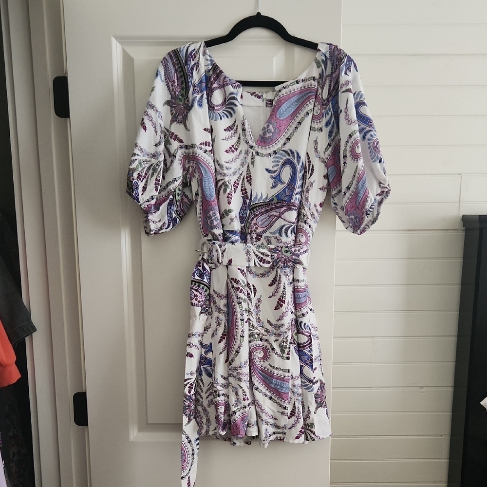 LOFT Purple and Gray Tie Front Puff Sleeve Sundress